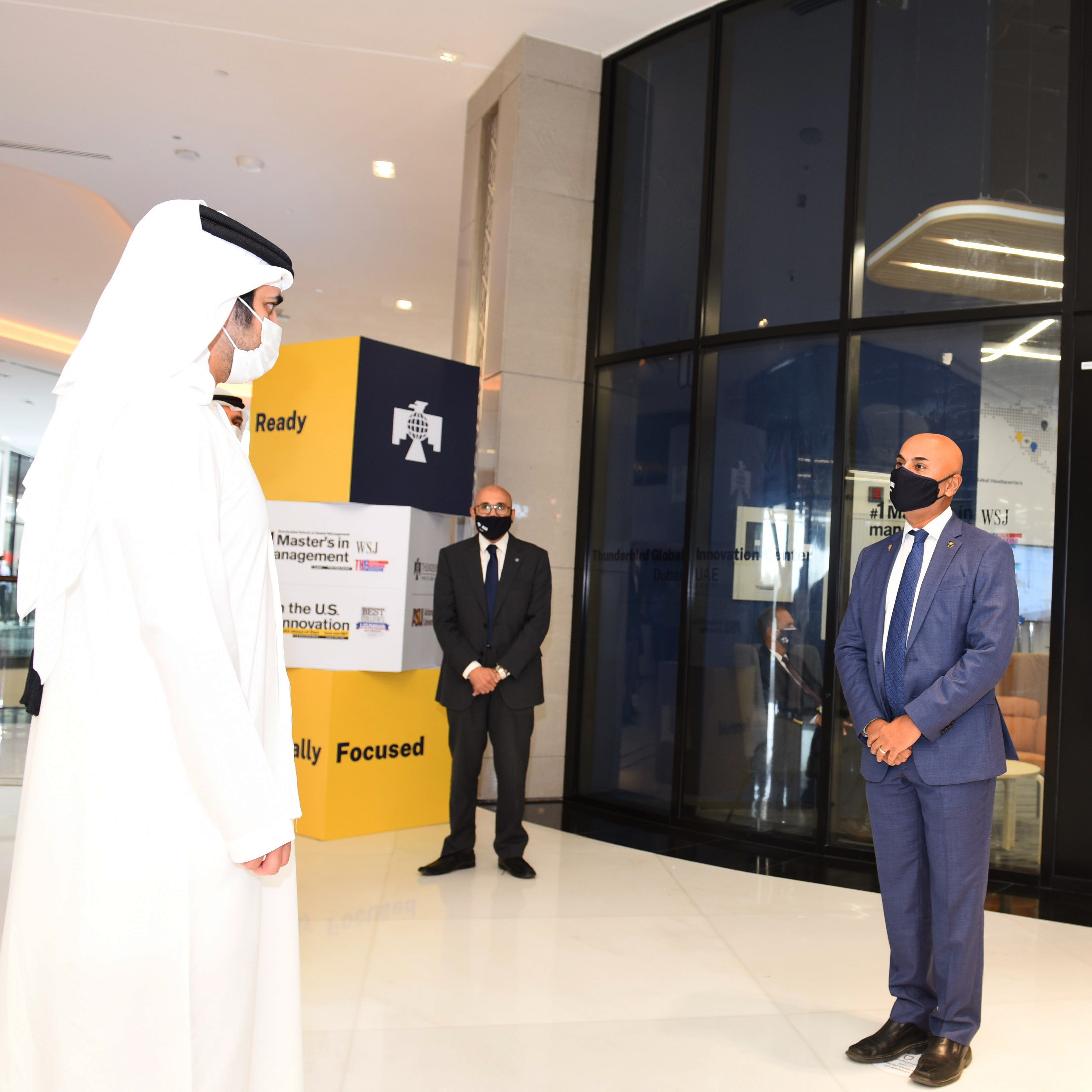 Dean Sanjeev Khagram with Sheikh Maktoum bin Mohammed at Thunderbird School of Global Management's Dubai Center of Excellence in the Dubai Global Innovation Center.