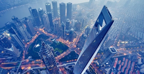 Aerial image of skyscrapers in Shanghai.