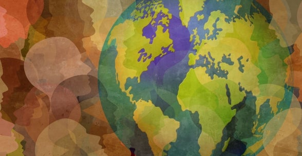 Concept of a world globe and multicolored faces collage