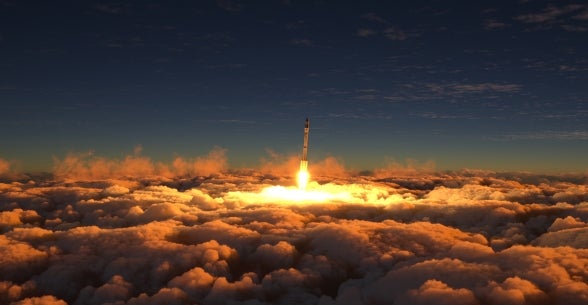 Spaceship launching through clouds